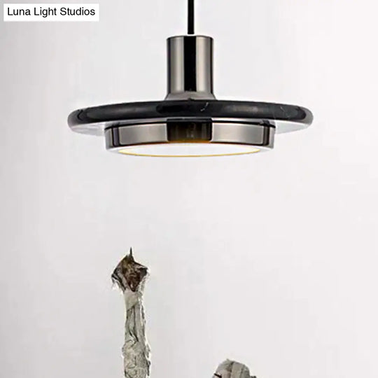 Modern Round Metal Pendant Lighting: 1-Light White/Black/Green Ceiling Lamp With Marble Ring