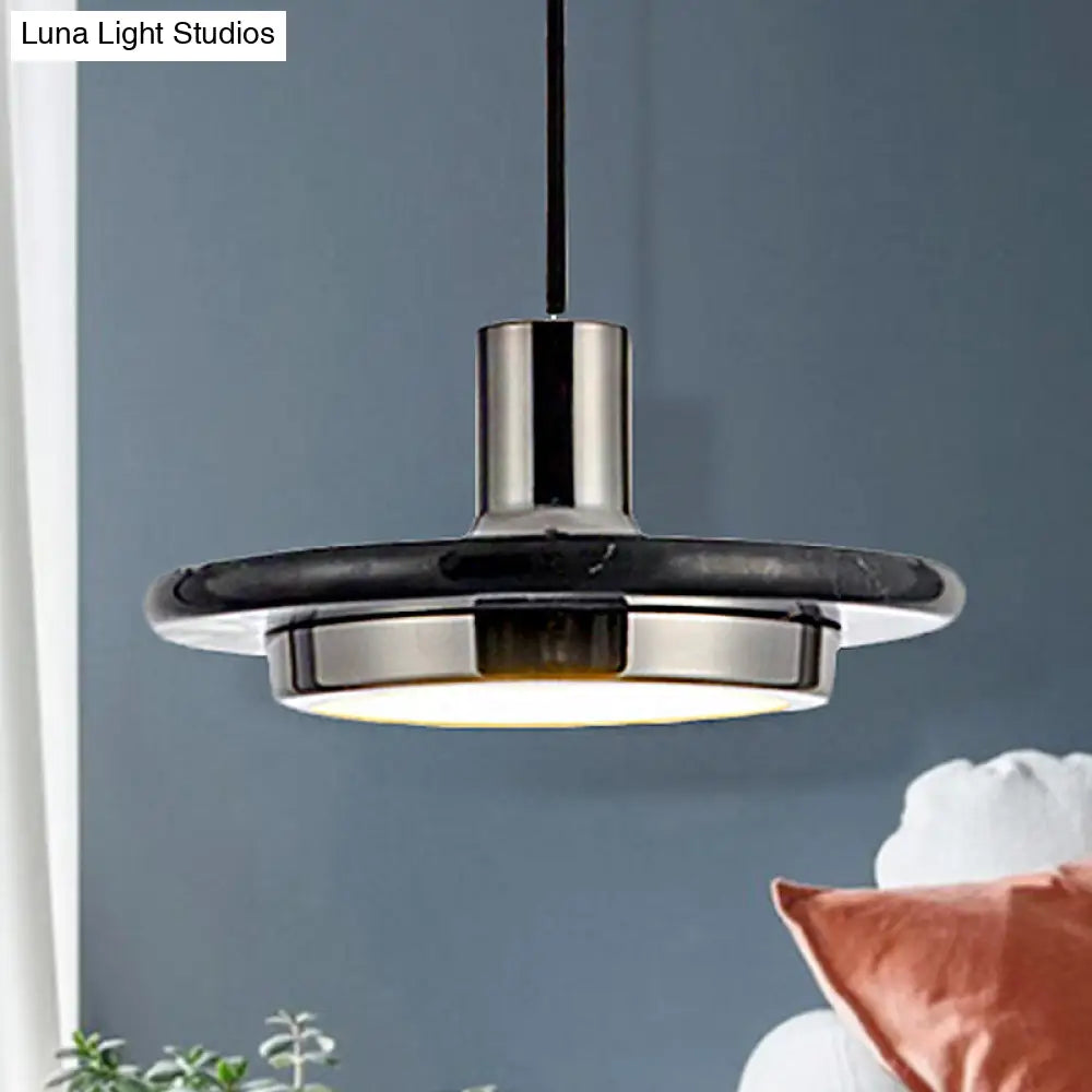 Modern Round Metal Pendant Lighting: 1-Light White/Black/Green Ceiling Lamp With Marble Ring