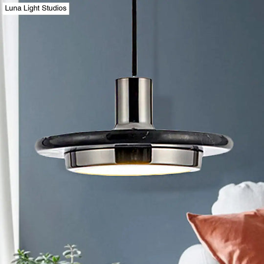 Modern Round Metal Pendant Lighting: 1-Light White/Black/Green Ceiling Lamp With Marble Ring