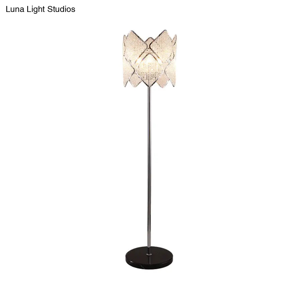 Modern Round Parlor Floor Lamp With Clear Crystal Strand 1 Head Gold/Chrome Light & Rhombus Design