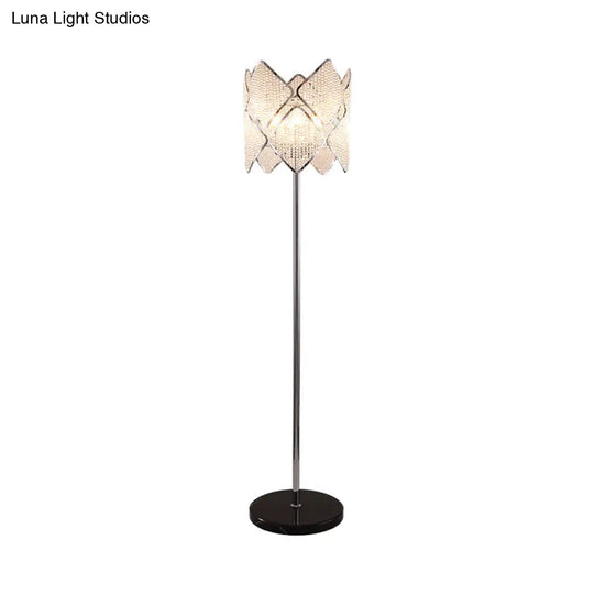 Modern Round Parlor Floor Lamp With Clear Crystal Strand 1 Head Gold/Chrome Light & Rhombus Design