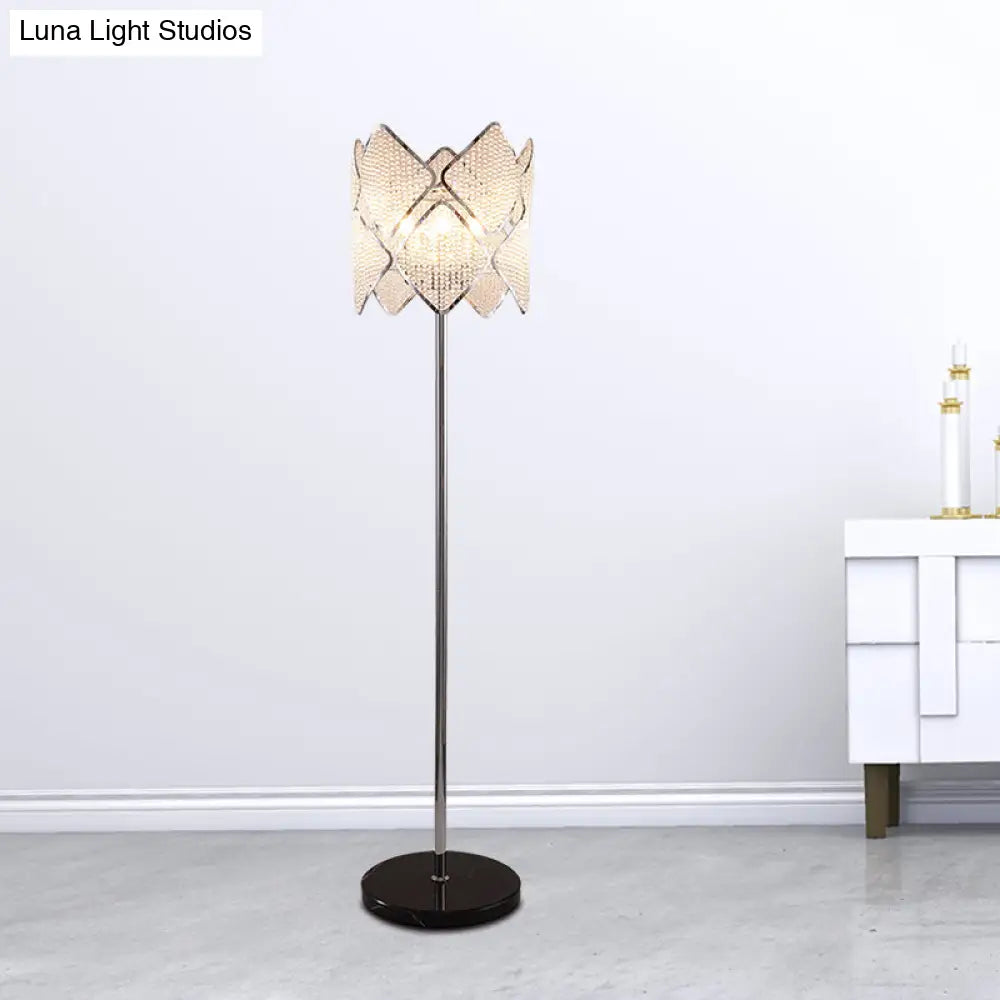 Modern Round Parlor Floor Lamp With Clear Crystal Strand 1 Head Gold/Chrome Light & Rhombus Design