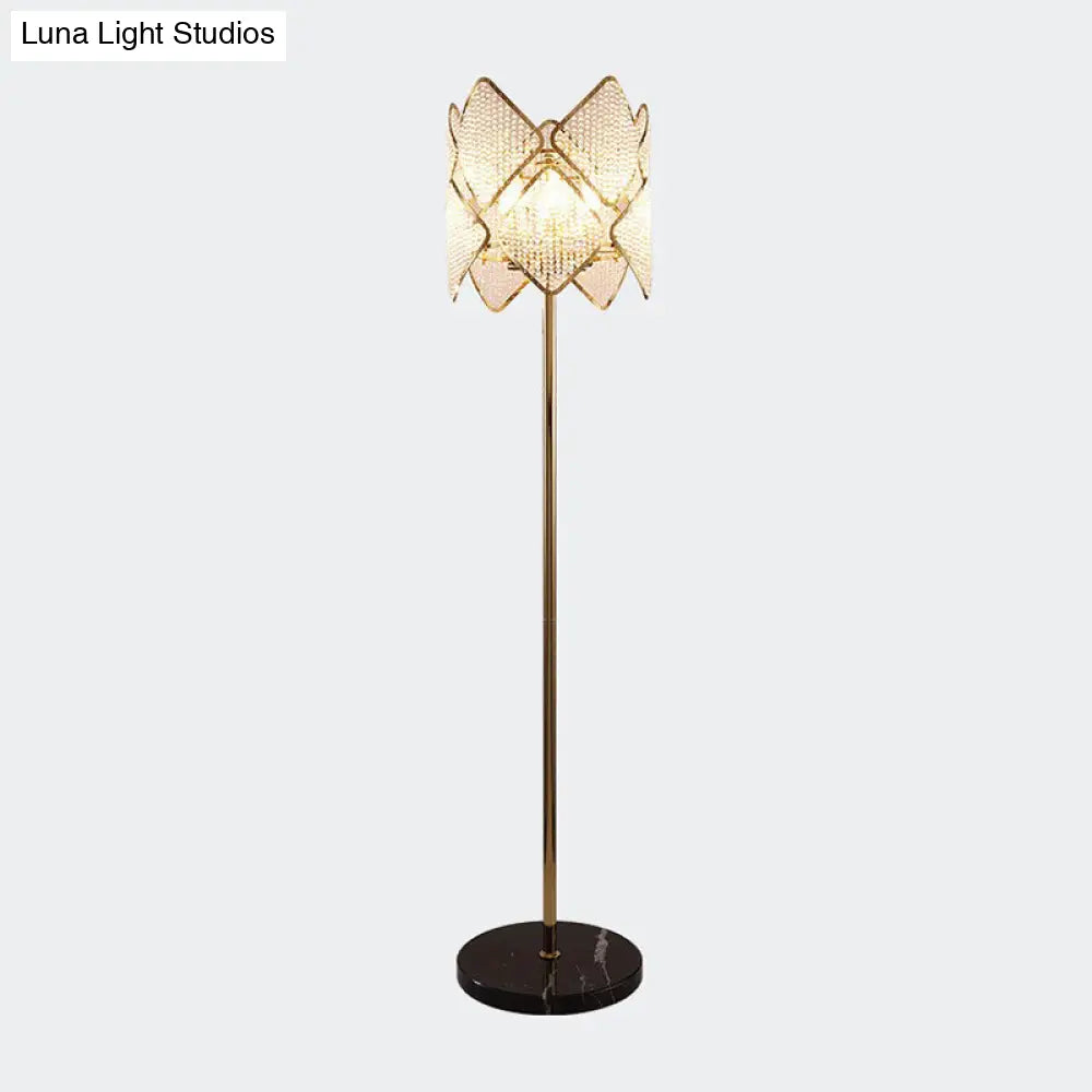 Modern Round Parlor Floor Lamp With Clear Crystal Strand 1 Head Gold/Chrome Light & Rhombus Design