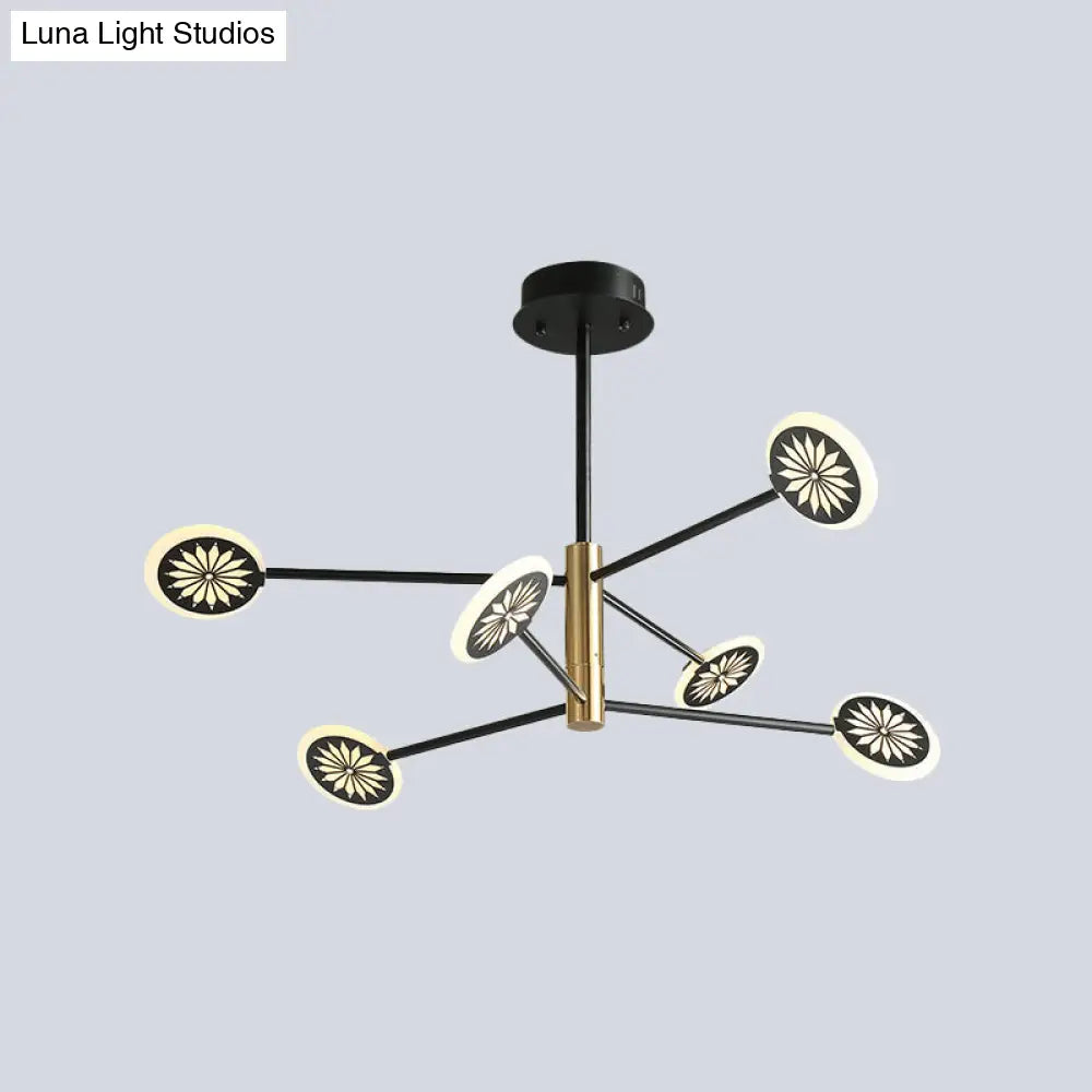 Modern Round Pendant Chandelier Lighting With Metallic Finish - 6/8 Lights Linear Design Black