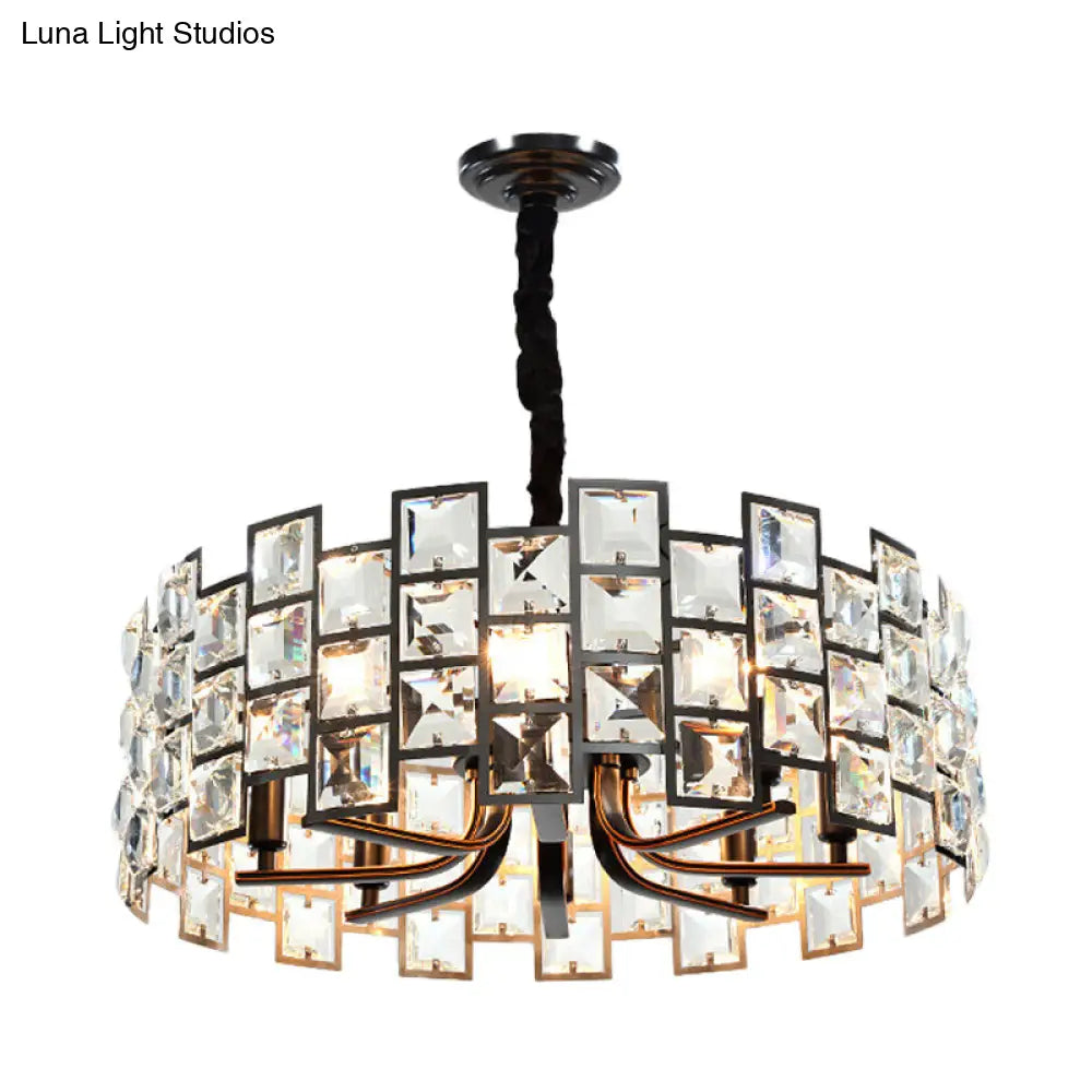 Modern Round Pendant Lighting With 8 Crystal Block Embedded Lights - Black Chandelier Lamp