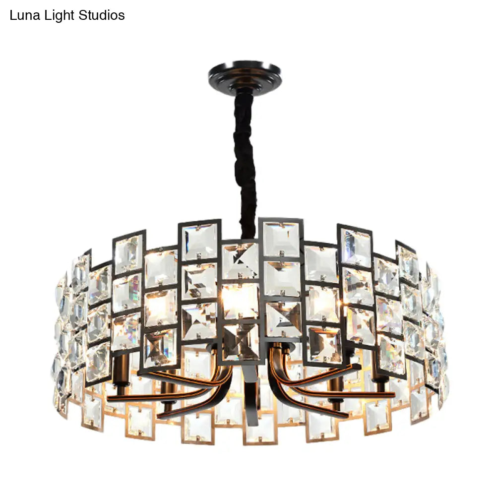 Modern Round Pendant Lighting - 8-Light Crystal Block Chandelier Lamp In Black