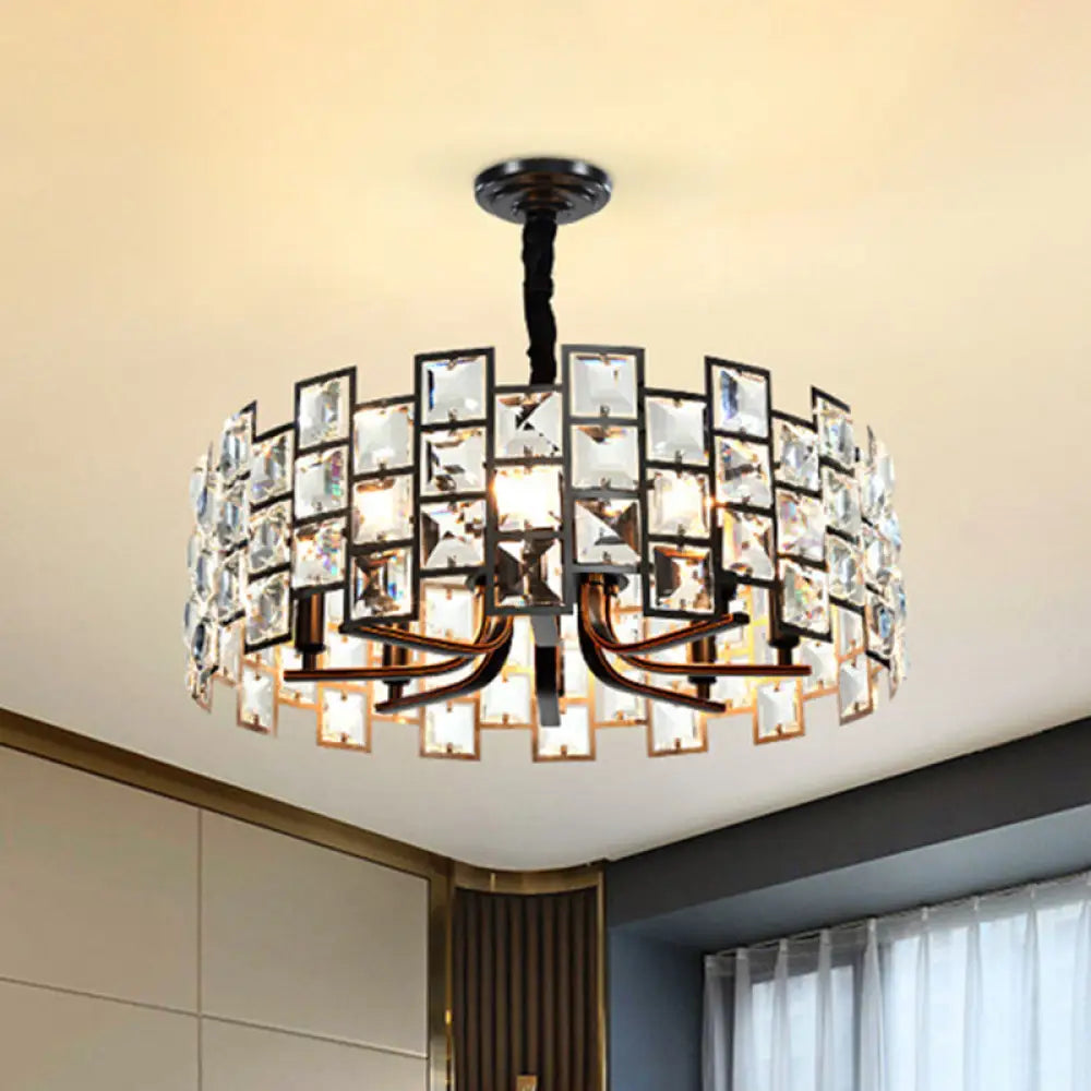 Modern Round Pendant Lighting - 8-Light Crystal Block Chandelier Lamp In Black