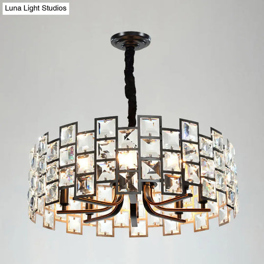 Modern Round Pendant Lighting With 8 Crystal Block Embedded Lights - Black Chandelier Lamp