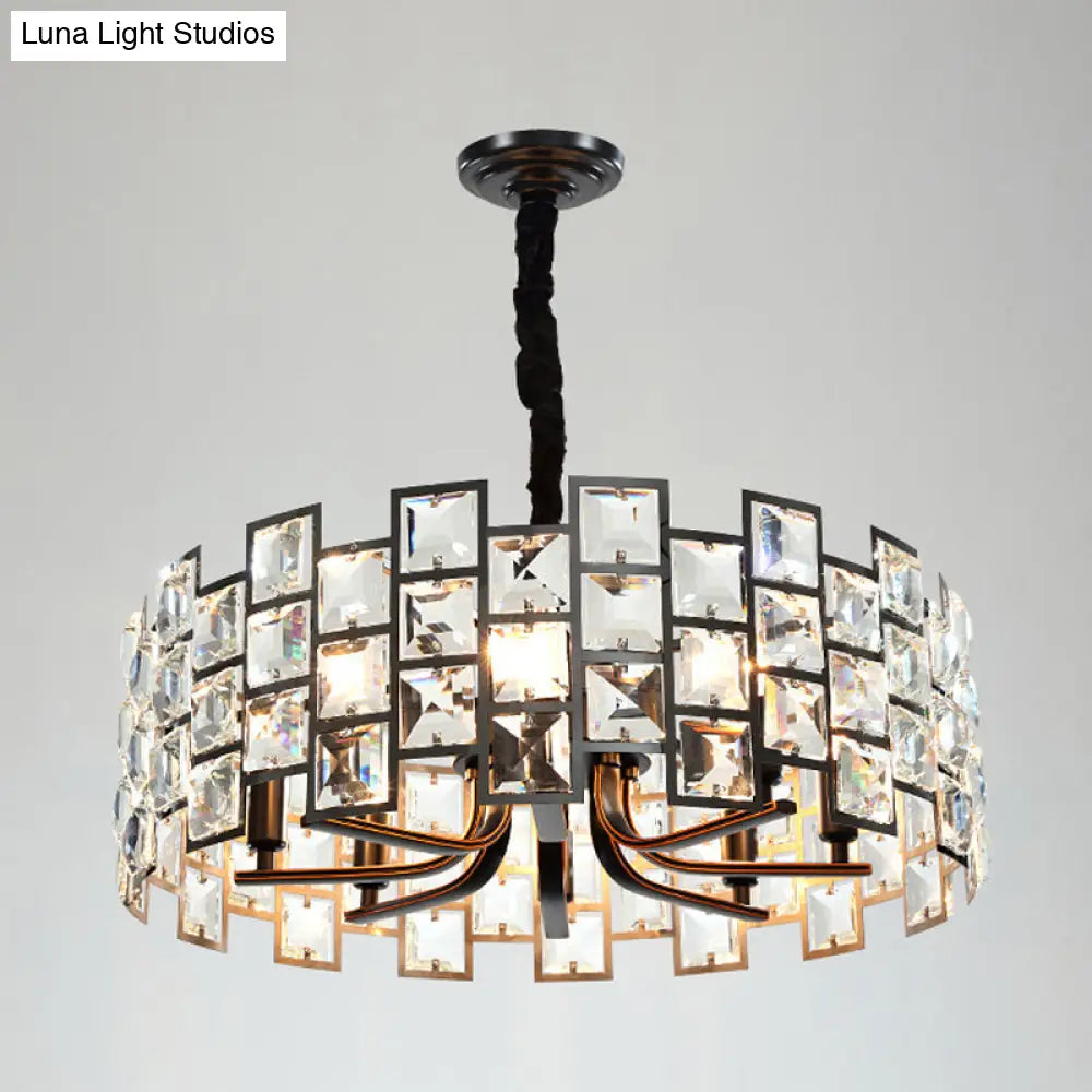 Modern Round Pendant Lighting - 8-Light Crystal Block Chandelier Lamp In Black