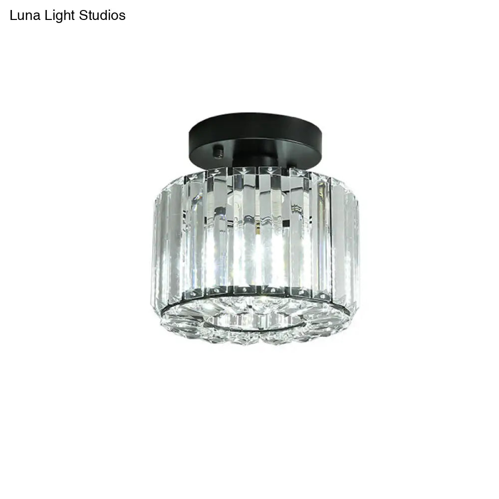 Modern Round/Square Shade Porch Flush Light Fixture With Clear Faceted Crystals - Black Canopy