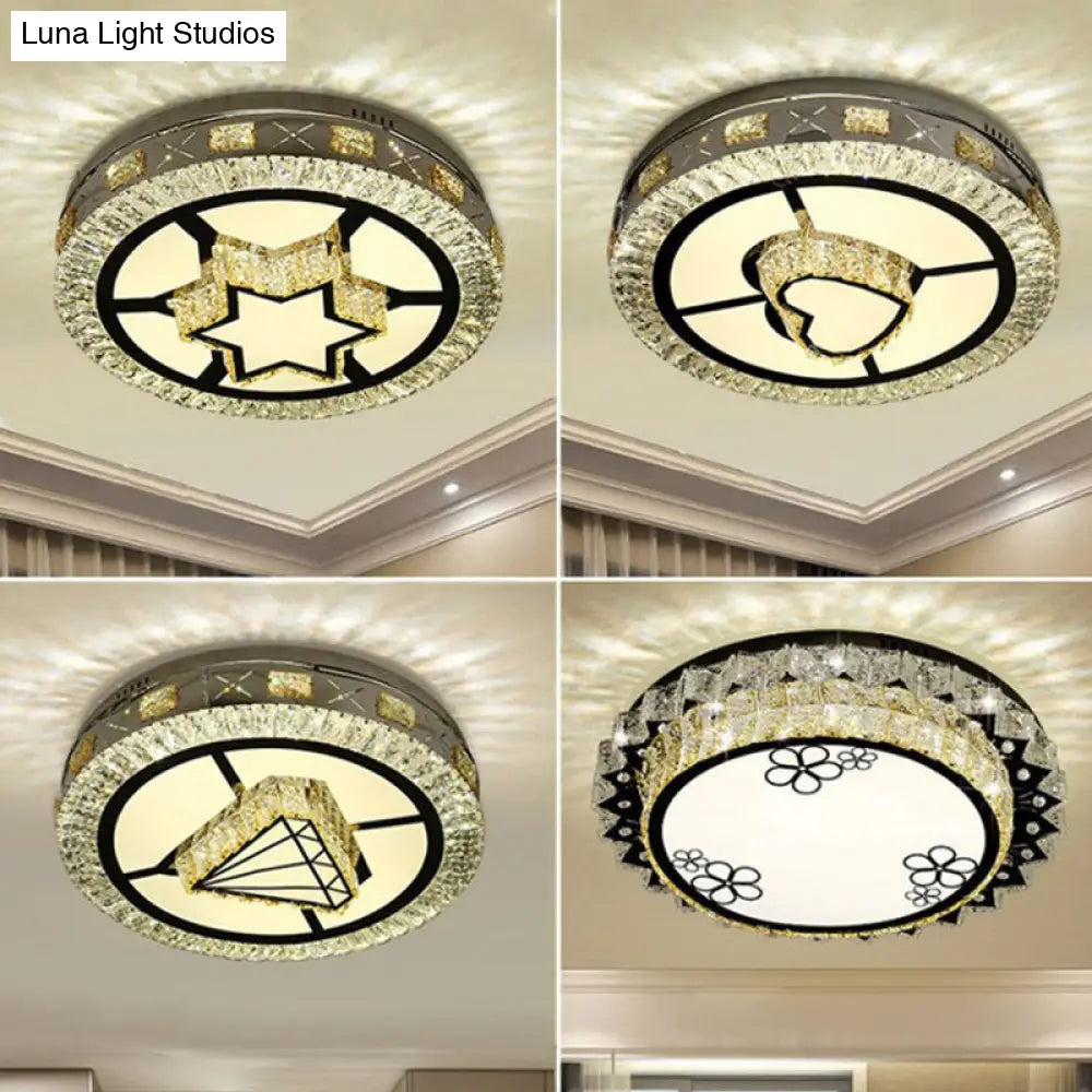 Modern Round Stainless Steel Flush Mount Led Ceiling Light With Clear Crystal