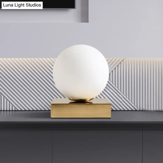 Modern Round Table Lamp: White Glass 1 Head Bedside Lighting With Metal Base