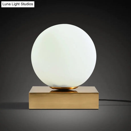 Modern Round Table Lamp: White Glass 1 Head Bedside Lighting With Metal Base