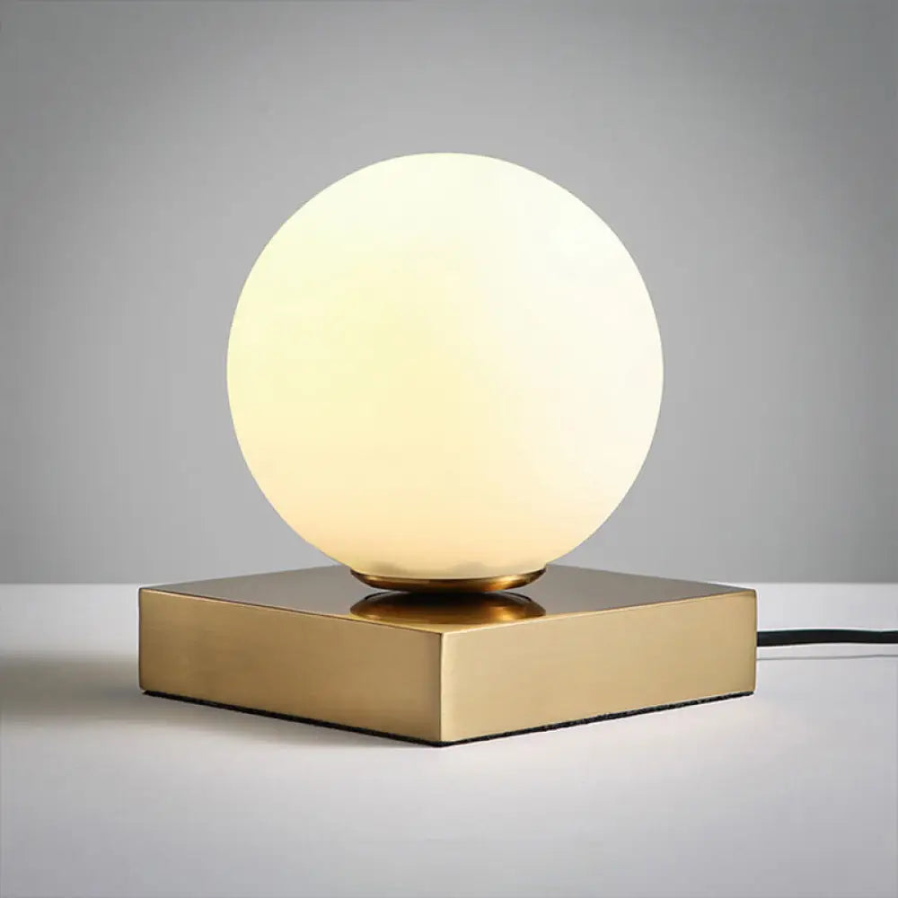 Modern Round Table Lamp: White Glass 1 Head Bedside Lighting With Metal Base