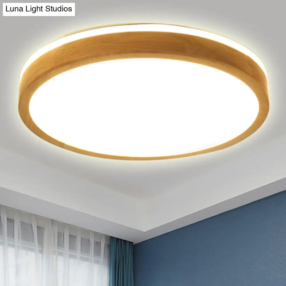 Modern Round Wooden 1-Light Led Flush Mount Ceiling Fixture With Frosted Diffuser - 3 Sizes
