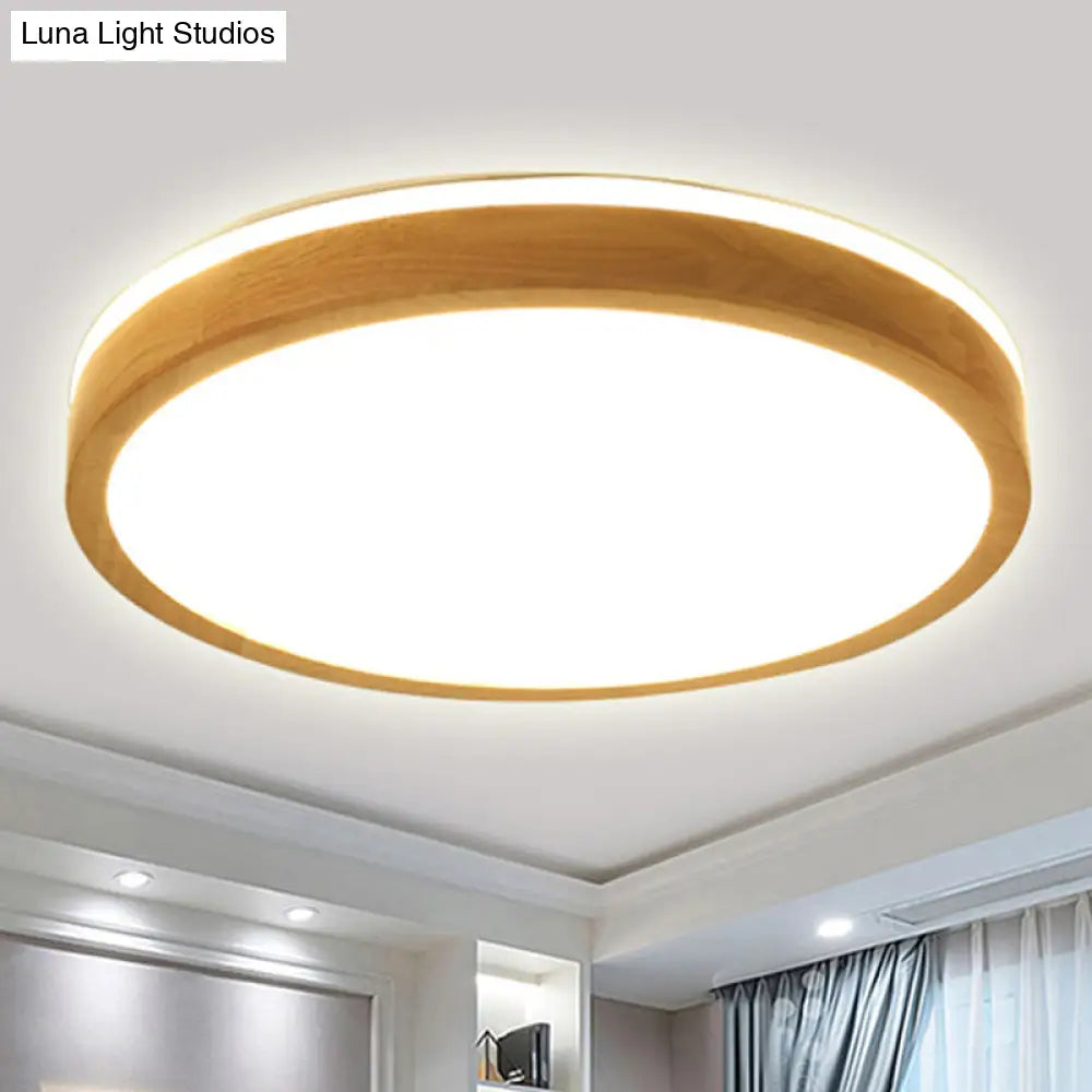 Modern Round Wooden 1-Light Led Flush Mount Ceiling Fixture With Frosted Diffuser - 3 Sizes