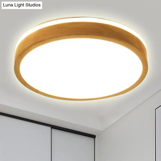 Modern Round Wooden 1-Light Led Flush Mount Ceiling Fixture With Frosted Diffuser - 3 Sizes