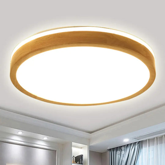 Modern Round Wooden 1-Light Led Flush Mount Ceiling Fixture With Frosted Diffuser - 3 Sizes