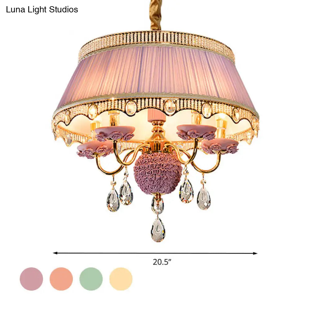 Modern Scalloped Chandelier: 5 Heads Pink/Blue/Purple Fabric Hanging Ceiling Light With Crystal