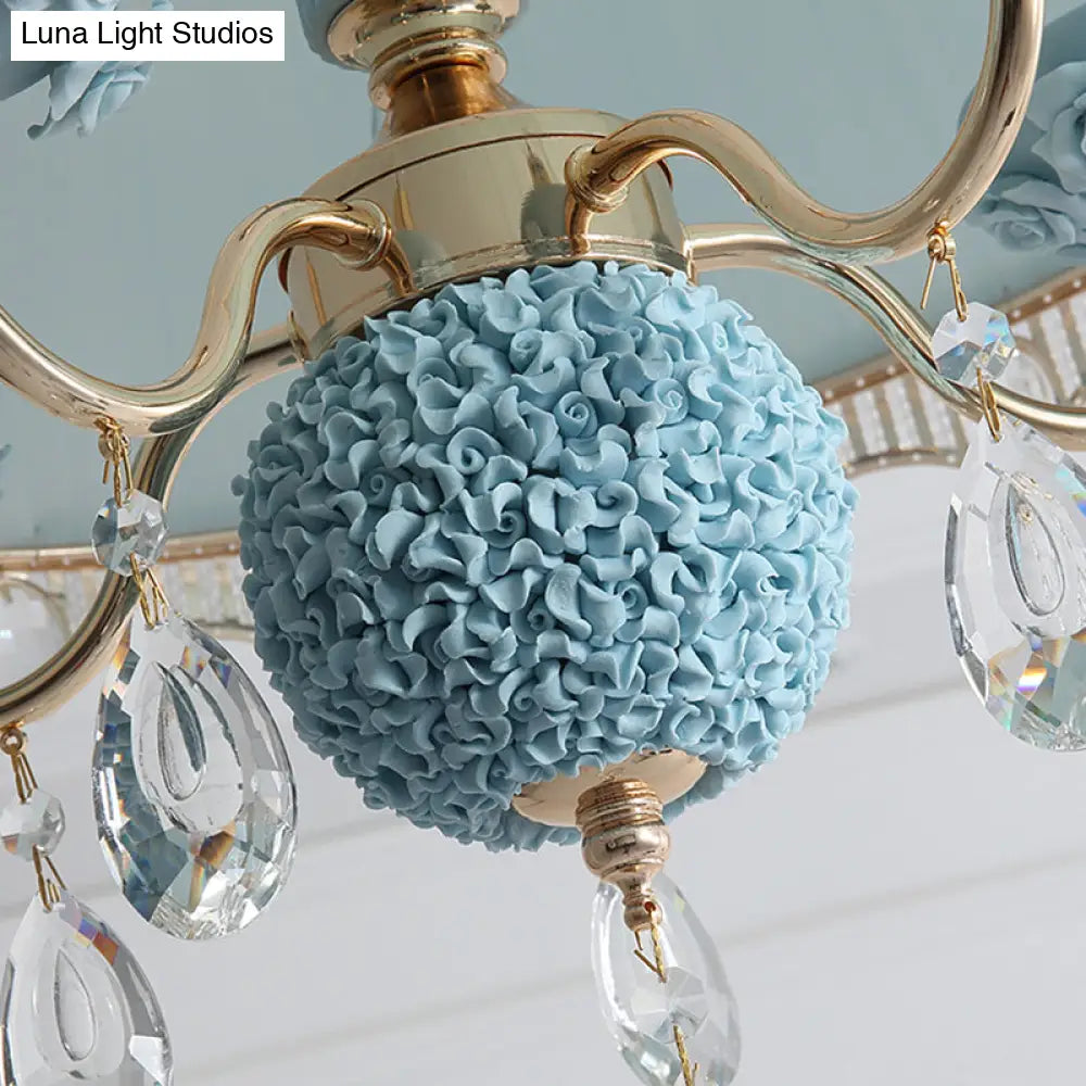 Modern Scalloped Chandelier: 5 Heads Pink/Blue/Purple Fabric Hanging Ceiling Light With Crystal