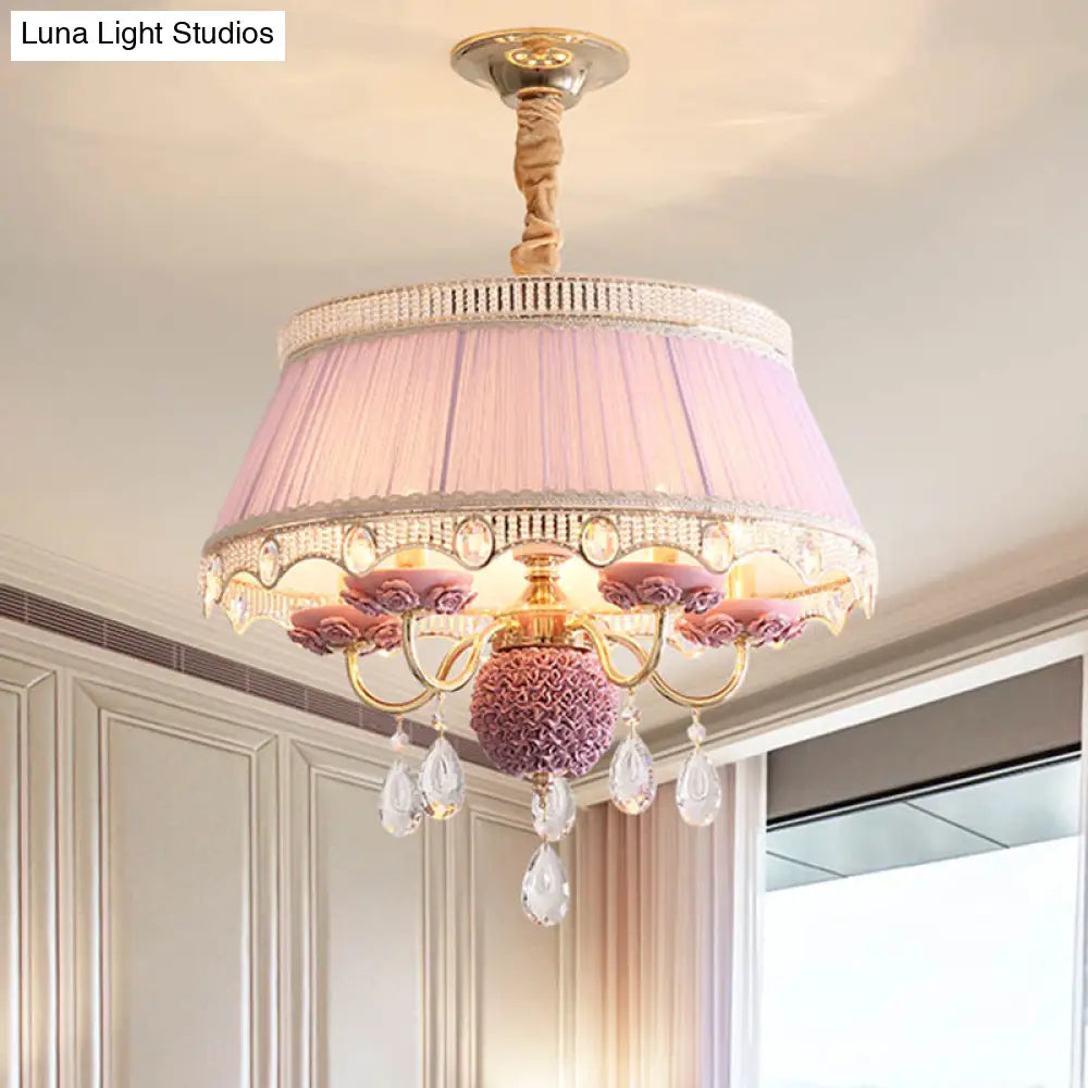 Modern Scalloped Chandelier: 5 Heads Pink/Blue/Purple Fabric Hanging Ceiling Light With Crystal