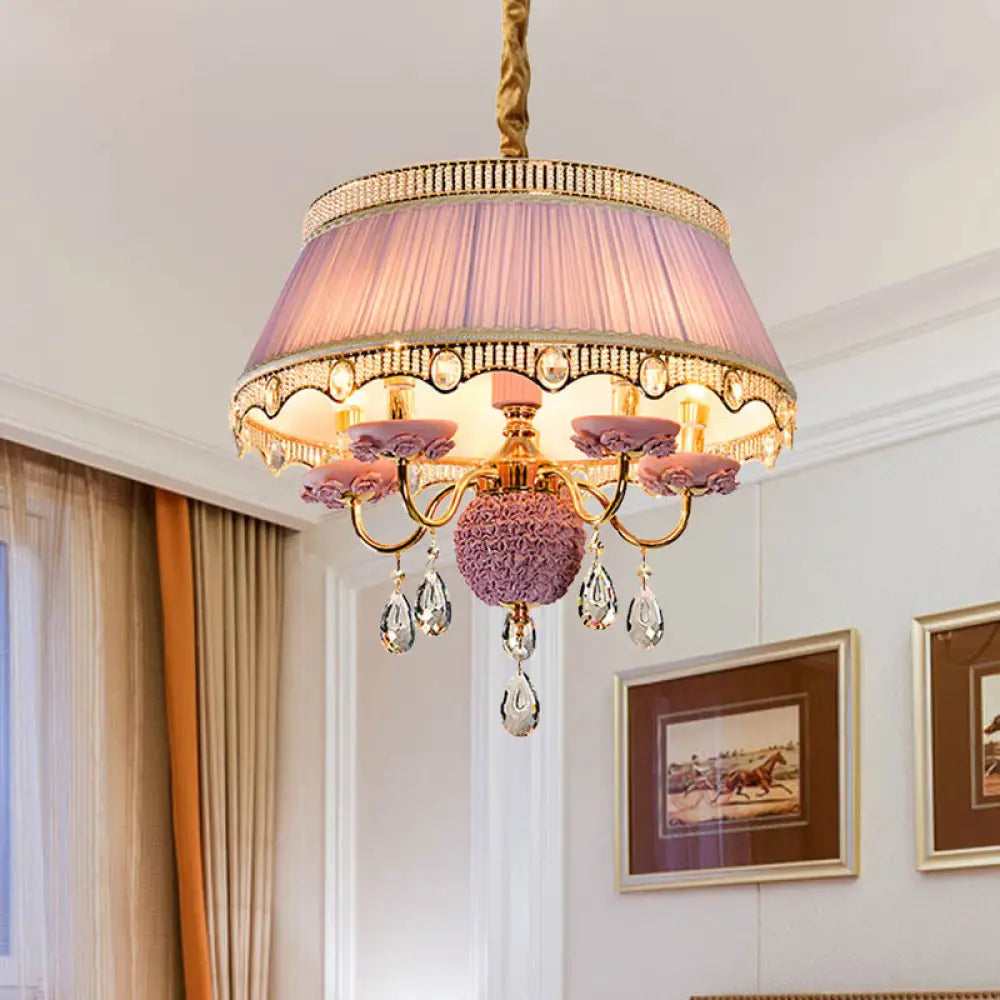 Modern Scalloped Chandelier: 5 Heads Pink/Blue/Purple Fabric Hanging Ceiling Light With Crystal