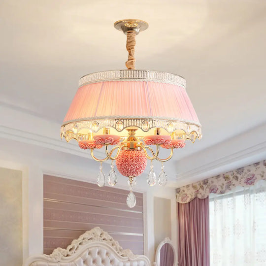 Modern Scalloped Chandelier: 5 Heads Pink/Blue/Purple Fabric Hanging Ceiling Light With Crystal