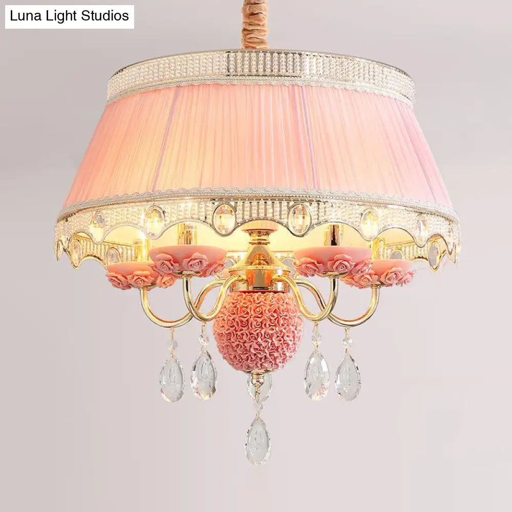 Modern Scalloped Chandelier: 5 Heads Pink/Blue/Purple Fabric Hanging Ceiling Light With Crystal