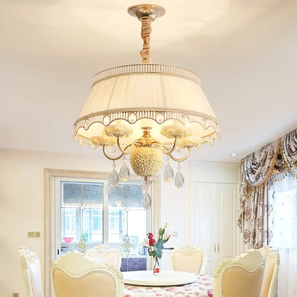 Modern Scalloped Chandelier: 5 Heads Pink/Blue/Purple Fabric Hanging Ceiling Light With Crystal