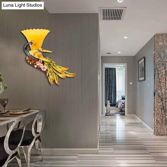 Modern Scalloped Wall Mount Yellow Glass Lamp With Peacock Design For Bedroom - Left/Right Option