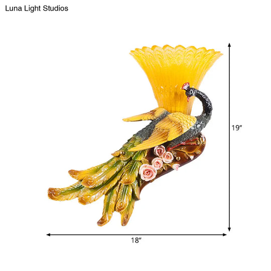 Modern Scalloped Wall Mount Yellow Glass Lamp With Peacock Design For Bedroom - Left/Right Option