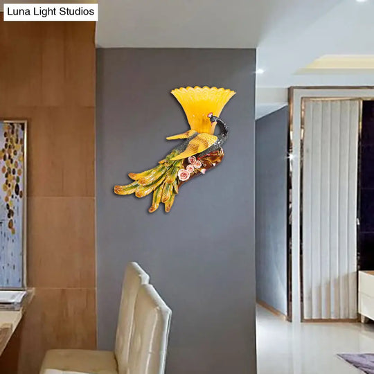 Modern Scalloped Wall Mount Yellow Glass Lamp With Peacock Design For Bedroom - Left/Right Option