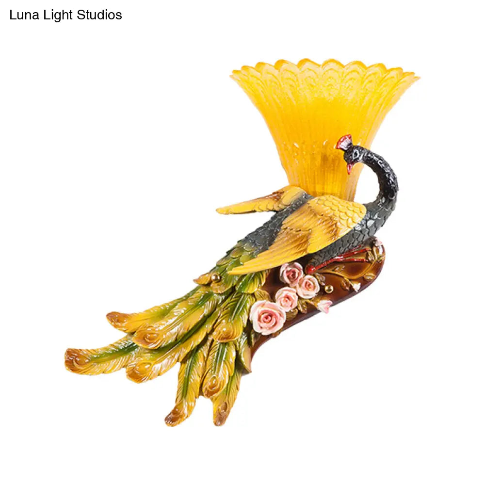 Modern Scalloped Wall Mount Yellow Glass Lamp With Peacock Design For Bedroom - Left/Right Option