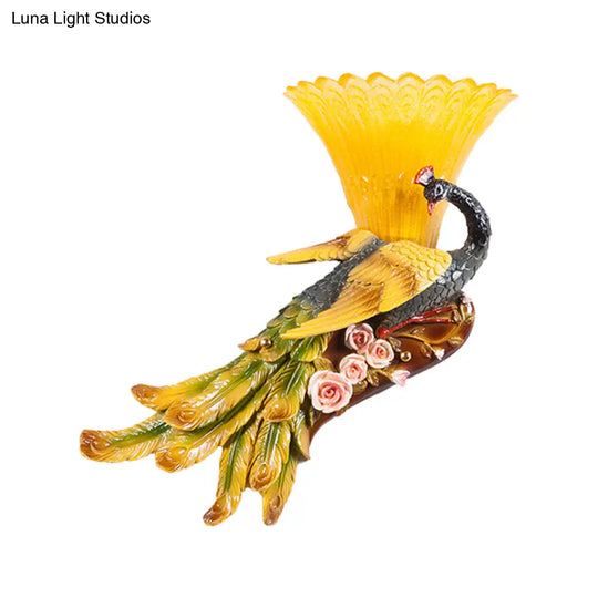 Modern Scalloped Wall Mount Yellow Glass Lamp With Peacock Design For Bedroom - Left/Right Option