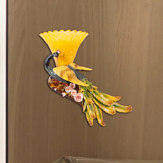 Modern Scalloped Wall Mount Yellow Glass Lamp With Peacock Design For Bedroom - Left/Right Option /