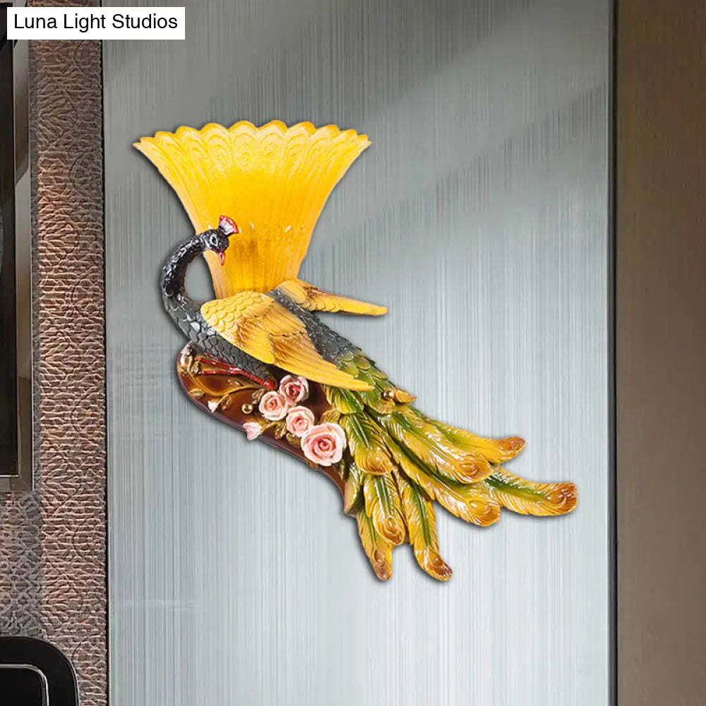 Modern Scalloped Wall Mount Yellow Glass Lamp With Peacock Design For Bedroom - Left/Right Option