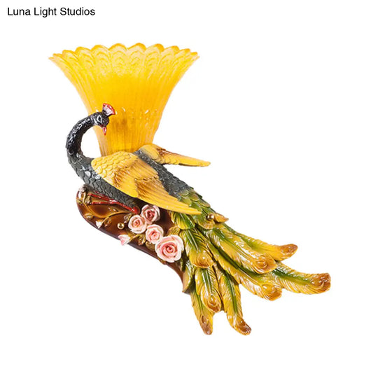 Modern Scalloped Wall Mount Yellow Glass Lamp With Peacock Design For Bedroom - Left/Right Option