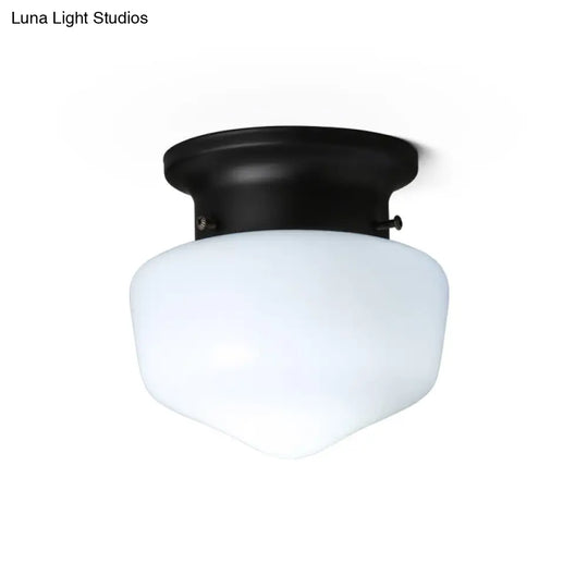 Modern Schoolhouse - White Glass Flush Mount Ceiling Light Fixture Black Finish