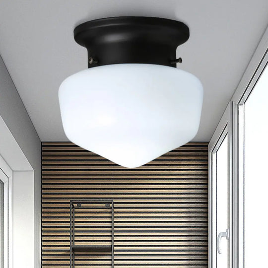 Modern Schoolhouse - White Glass Flush Mount Ceiling Light Fixture Black Finish