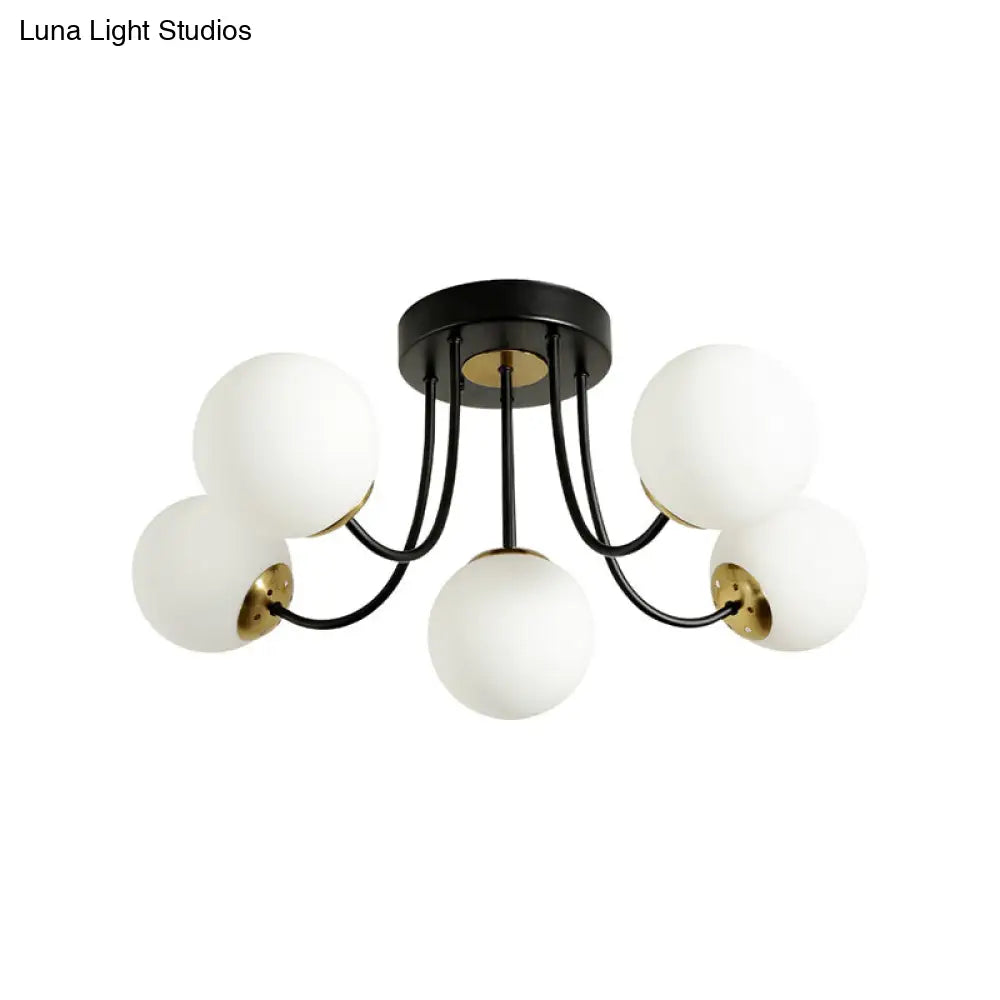 Modern Semi-Flush Ceiling Light: Spherical Design White Frosted/Amber Glass 5 Bulbs | Bedroom Flush