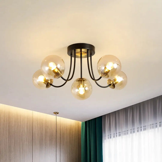 Modern Semi - Flush Ceiling Light: Spherical Design White Frosted/Amber Glass 5 Bulbs | Bedroom