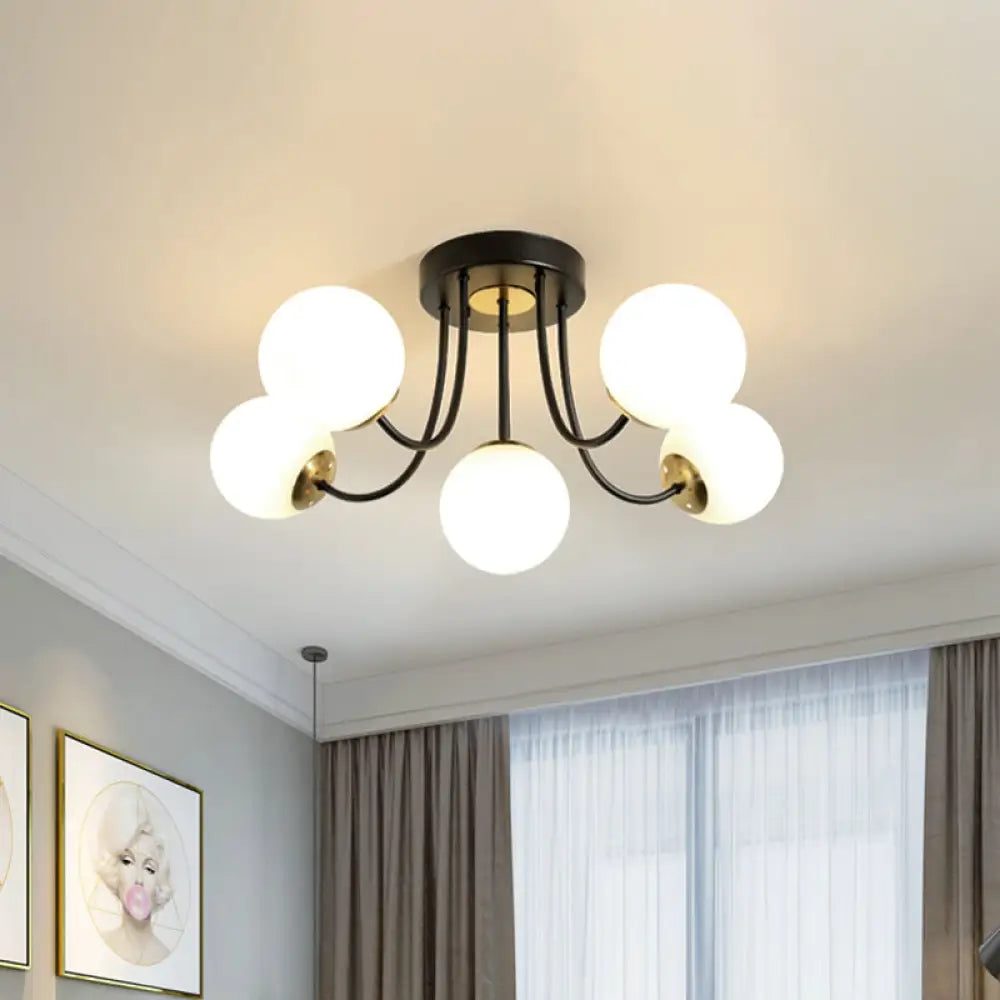 Modern Semi - Flush Ceiling Light: Spherical Design White Frosted/Amber Glass 5 Bulbs | Bedroom