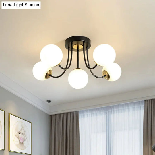 Modern Semi-Flush Ceiling Light: Spherical Design White Frosted/Amber Glass 5 Bulbs | Bedroom Flush