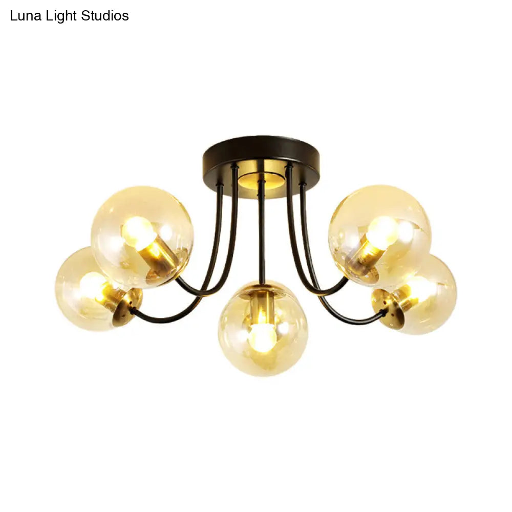 Modern Semi-Flush Ceiling Light: Spherical Design White Frosted/Amber Glass 5 Bulbs | Bedroom Flush