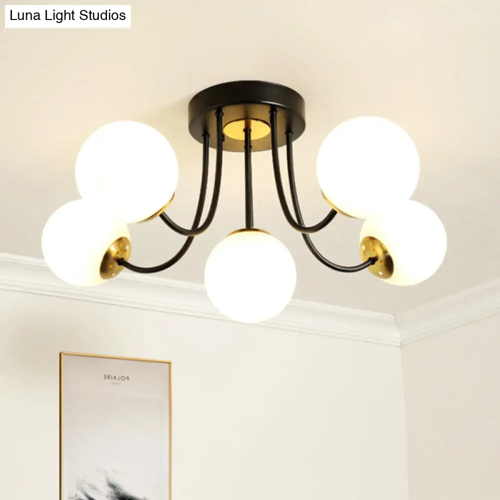 Modern Semi-Flush Ceiling Light: Spherical Design White Frosted/Amber Glass 5 Bulbs | Bedroom Flush