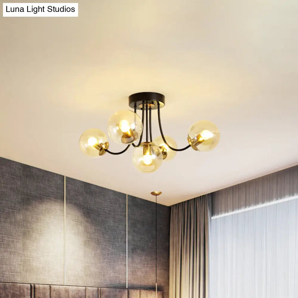 Modern Semi-Flush Ceiling Light: Spherical Design White Frosted/Amber Glass 5 Bulbs | Bedroom Flush