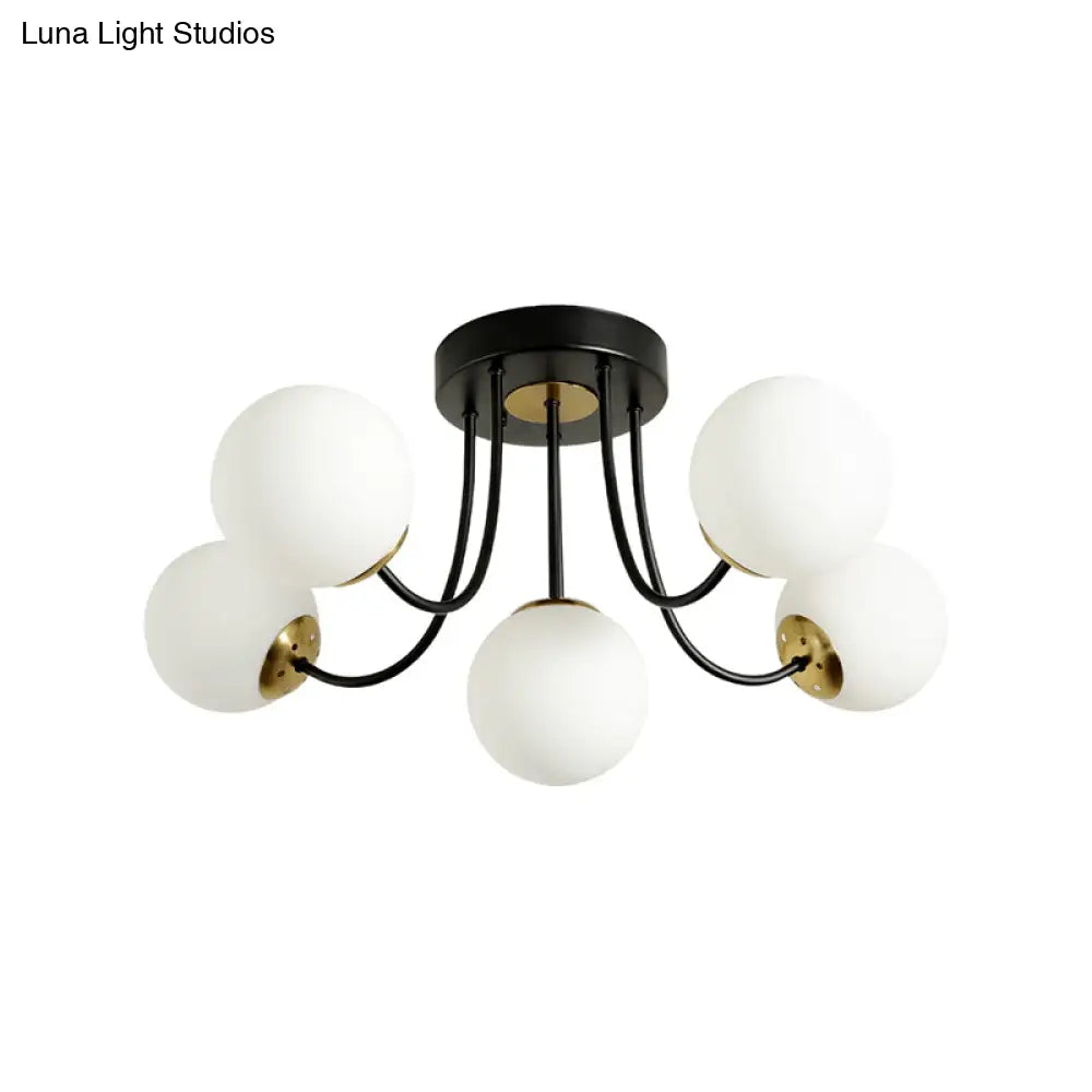 Modern Semi - Flush Ceiling Light: Spherical Design White Frosted/Amber Glass 5 Bulbs | Bedroom