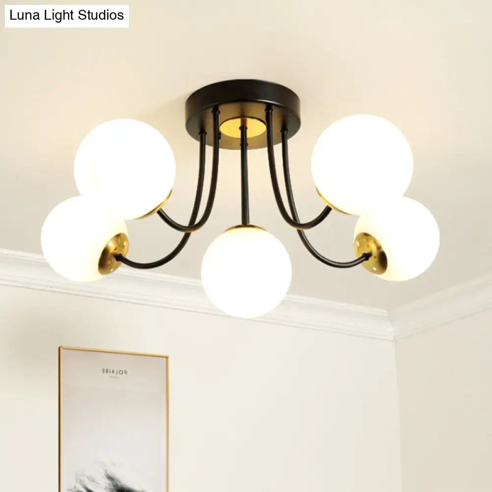 Modern Semi - Flush Ceiling Light: Spherical Design White Frosted/Amber Glass 5 Bulbs | Bedroom