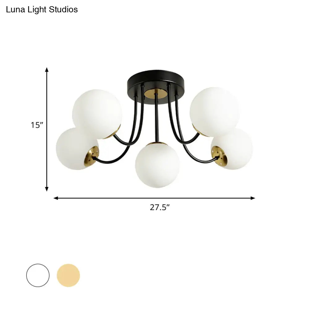 Modern Semi-Flush Ceiling Light: Spherical Design White Frosted/Amber Glass 5 Bulbs | Bedroom Flush