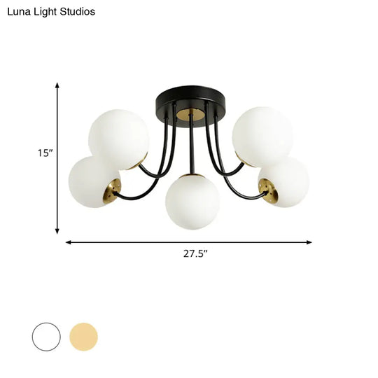 Modern Semi-Flush Ceiling Light: Spherical Design White Frosted/Amber Glass 5 Bulbs | Bedroom Flush